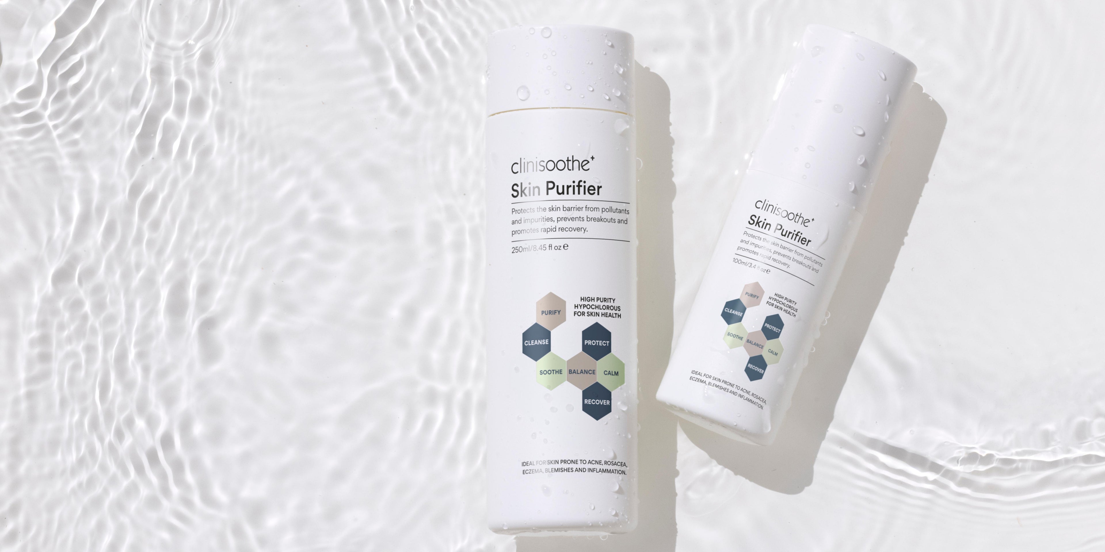 Clinisoothe+ Skin Purifier, 100 и 250 мл, върху чиста водна повърхност