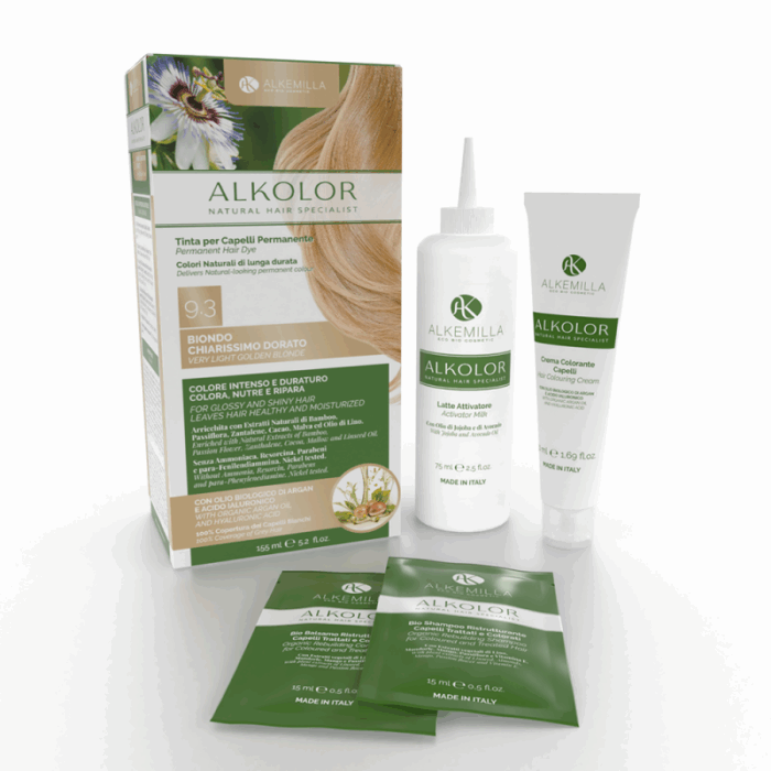 Натурална боя за коса 9-3 МНОГО СВЕТЛО ЗЛАТИСТО РУСО алкемила одоната