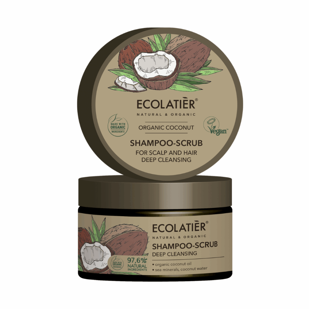 Дълбоко почиставащ шампоан-скраб за скалп и коса с Кокос - Ecolatier