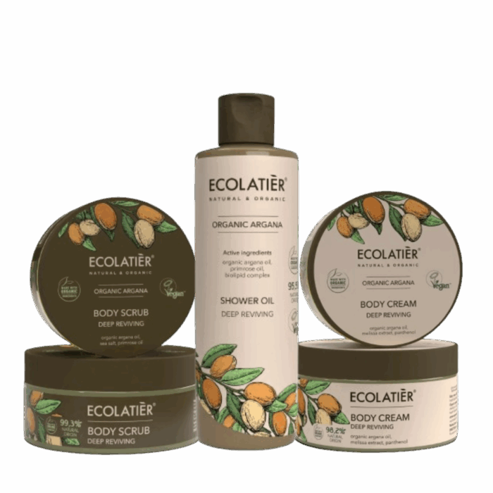 Ecolatier - Сет за тяло с арган - Душ олио, крем и скраб за тяло