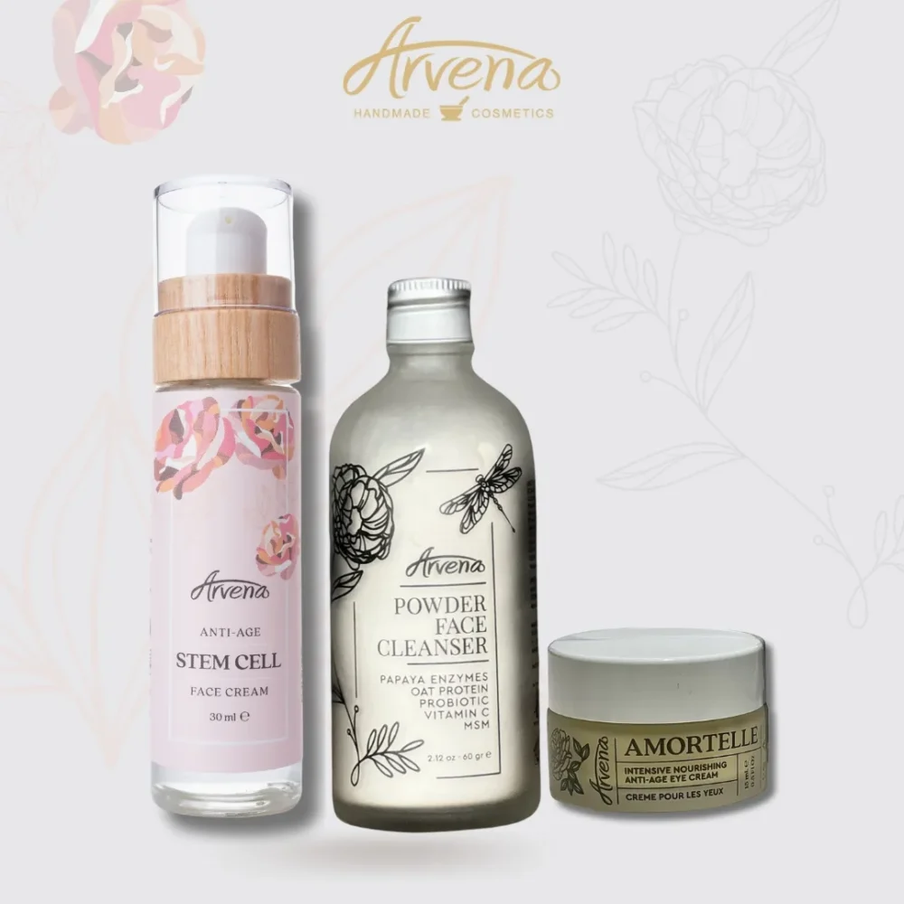 Лека консистенция, подобна на гел.Бързоабсорбираща формула без отмиване.рН 3,5-3,9 Ензимна почистваща пудра + околоочен крем + Stem cell крем за лице - ARVENA