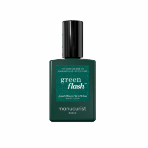 LED брокатен топ лак Green Flash Manucurist, packshot шише със златен брокатен ефект