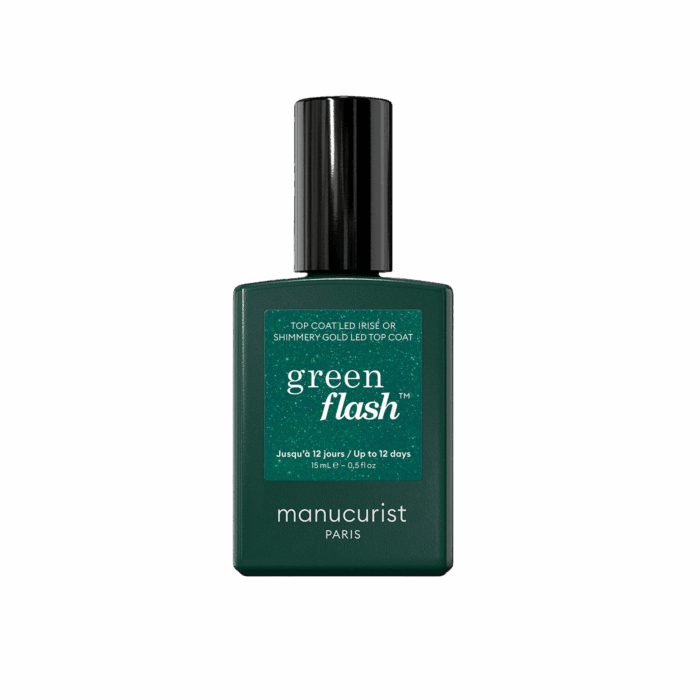 LED брокатен топ лак Green Flash Manucurist, packshot шише със златен брокатен ефект