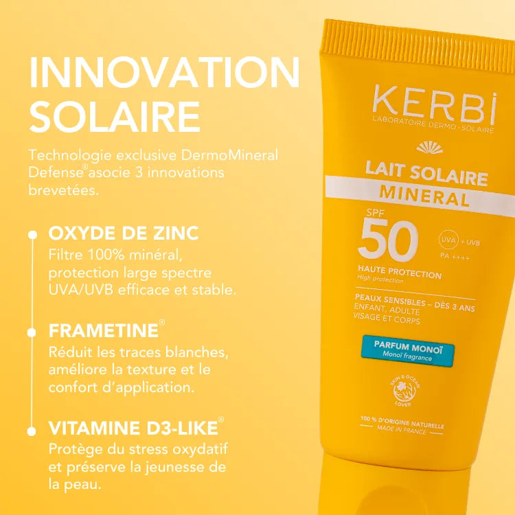 Слънцезащитно мляко Monoi SPF 50 KERBI активни съставки DermoMinéral Defense