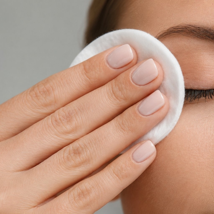 Употреба на двуфазен дегримьор за очи Hyalur-On Skin Proof с памучен диск